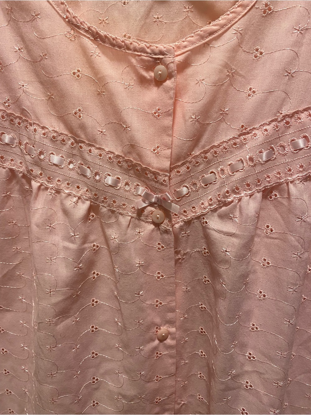 Vintage Loti Fashion Pink Eyelet Ribbon Trim Short-Sleeve Nightgown House Dress